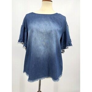 Beige By ECI Chambray Demin Top Blue Short Sleeve Coastal Casual Womens Sz Small